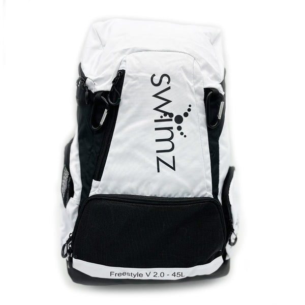 Swimz Freestyle Backpack V2.0 45L Swim Backpack - Large 45L Capacity (Black / White) + Embroidered Name