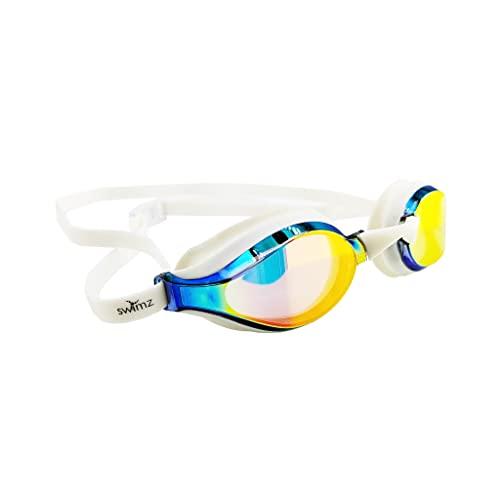 Swimz Vortex Mirrored Swimming Goggle - Low profile training & racing swimming goggles (White / Blue / Blue)